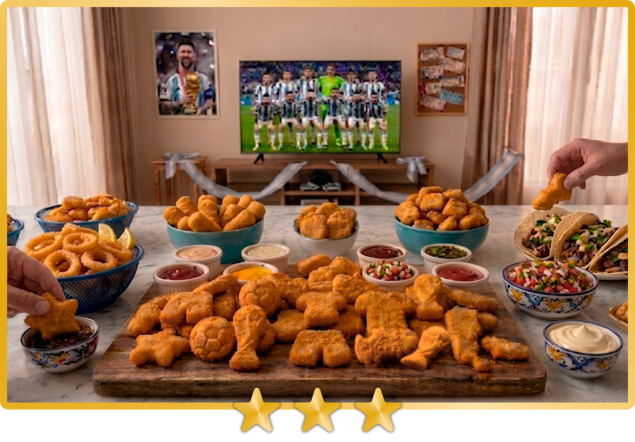 Una picada abundante con las patitas de pollo edición limitada de grupolar, viendo a la selección Argentina en el mundial de futbol